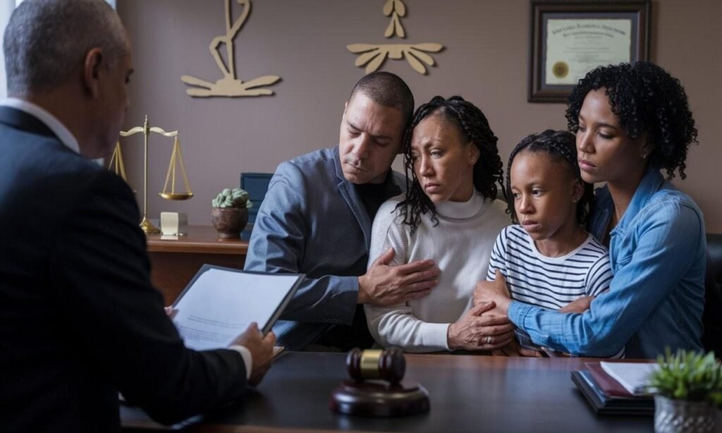 Lawyer for wrongful death insurance settlement helping a grieving family negotiate fair insurance compensation after a fatal accident.